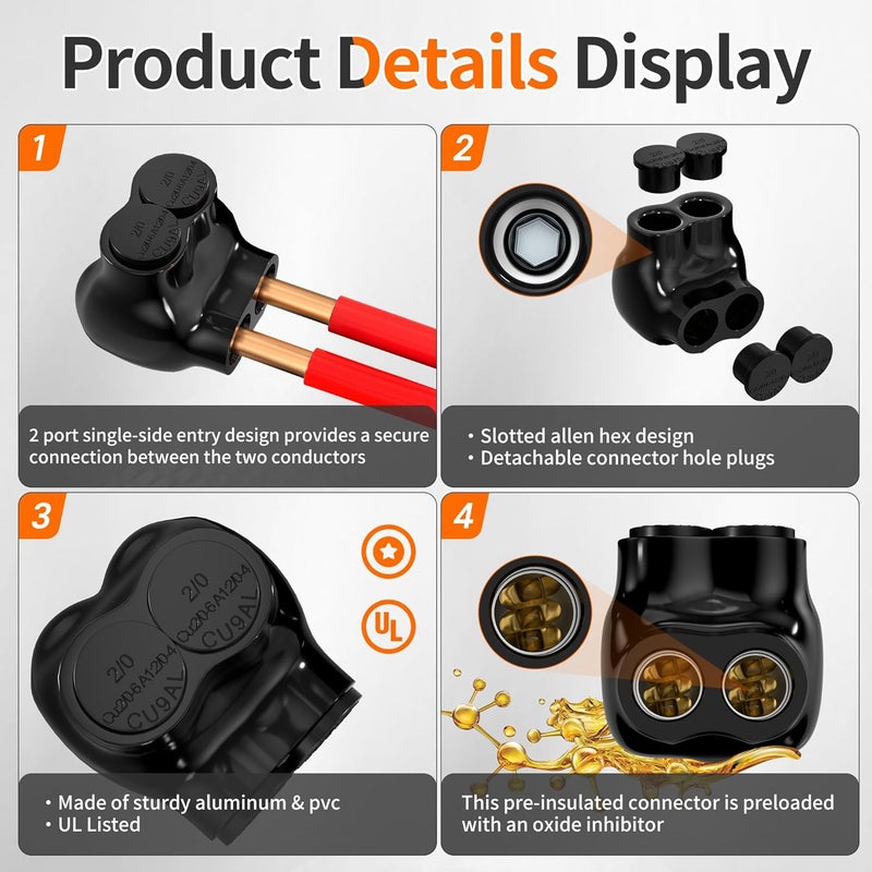 Joinfworld 2 Port Insulated Multi Tap Connector 2/0-6 Gauge Wire Connectors Aluminum to Copper Wire Connectors Single Side Entry Black Electrical Cable Connectors with Slotted Allen Hex - 6 Pack - Image 3